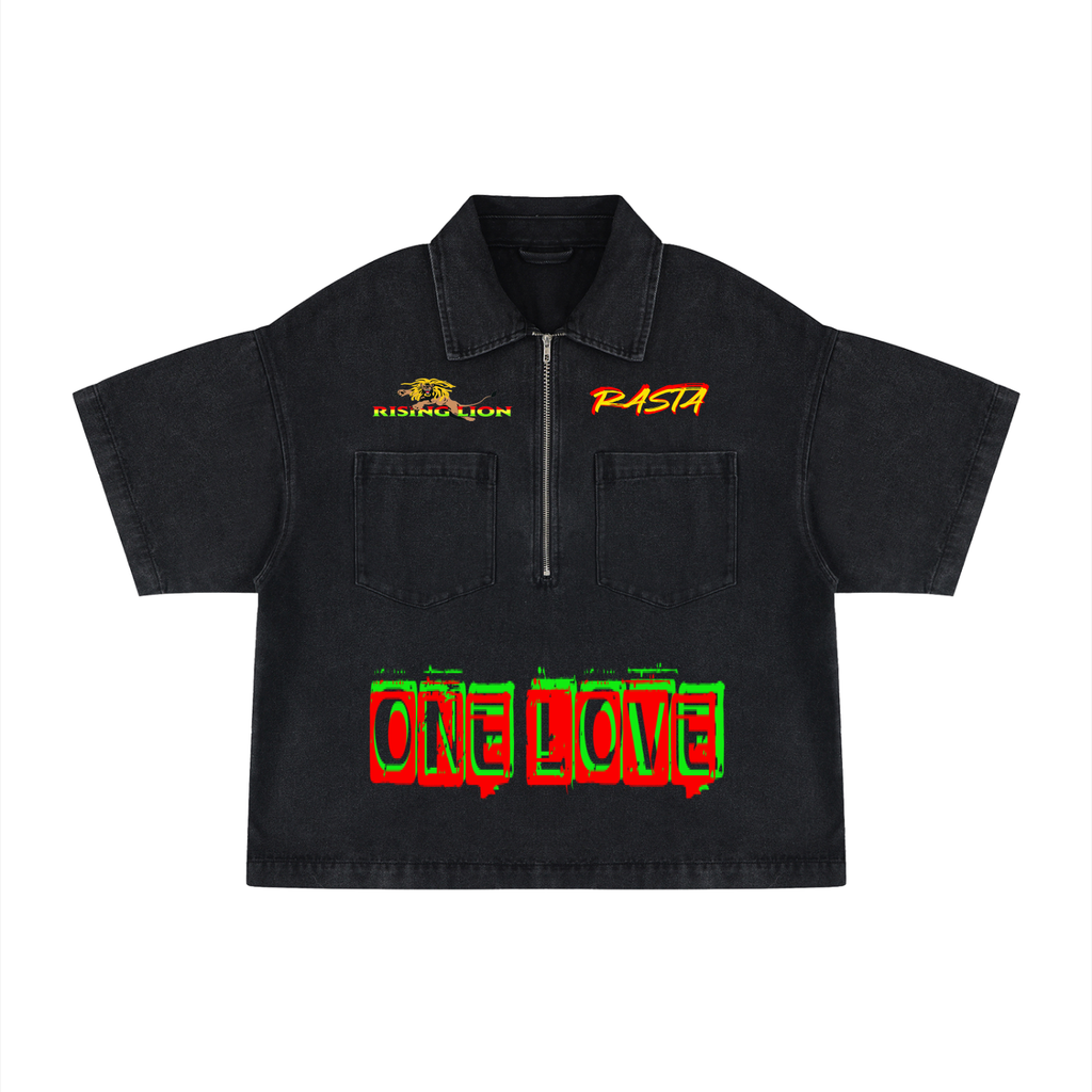 Unisex Vintage Wash Boxy Quarter-Zip Denim Shirt
